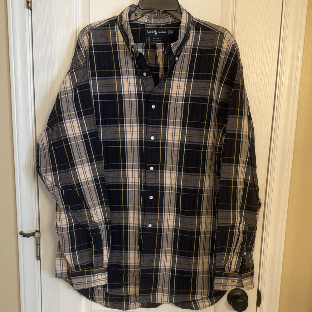 Ralph Lauren Men's Navy and Cream Plaid Shirt